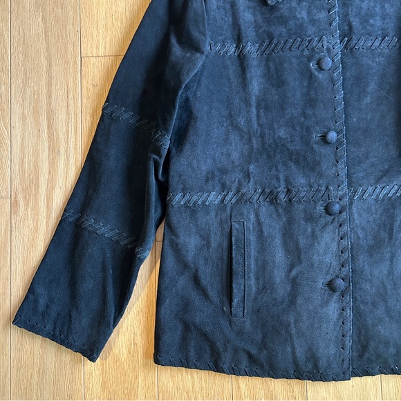 VTG Pigale Black Genuine Suede Leather Whip Stitch Jacket Point Collar 10 Medium - Picture 3 of 11